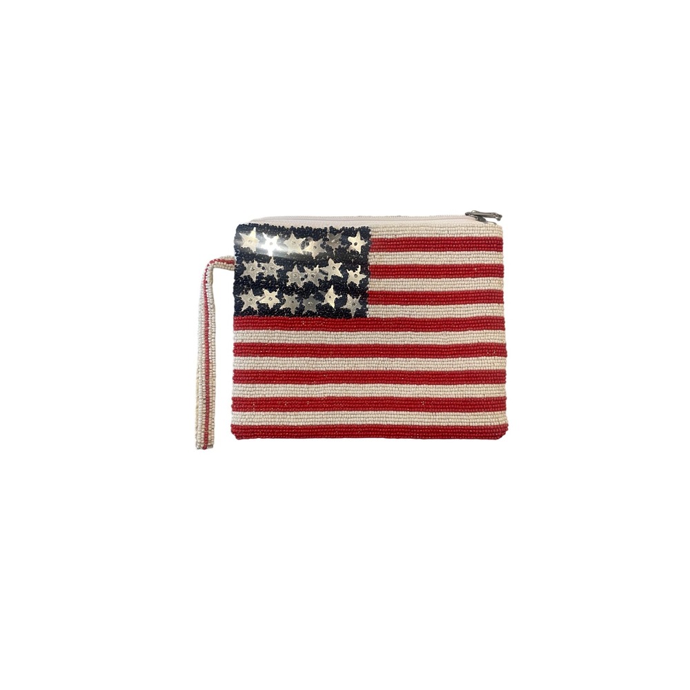 Charlie RSVP American Flag Beaded Wristlet Clutch Bag Patriotic Stars Stripes‎